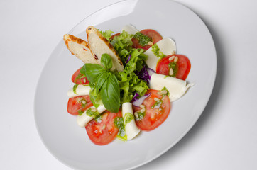 Wall Mural - Salad with tomatoes basil and mozzarella with croutons on a white plate