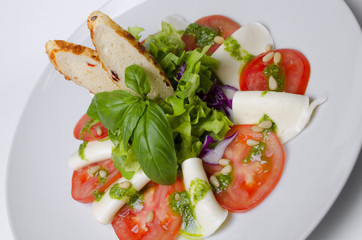 Wall Mural - Salad with tomatoes basil and mozzarella with croutons on a white plate