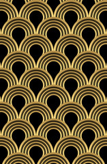 Poster - abstract metallic yellow circle overlap on a black background.