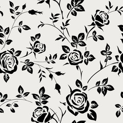 Wall Mural - Seamless pattern with black rose silhouette on white background. Floral wallpaper