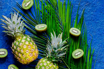  Summer exotic fruits. Kiwi, pineapple and palm branch on blue background top view