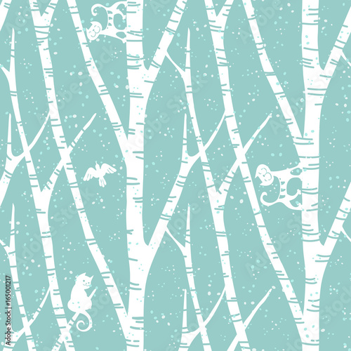 Naklejka na meble seamless trendy pattern with abstract birch trees, cats and birds. Floral vintage wallpaper. Fanny vector illustration