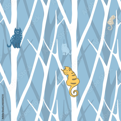 modny-wzor-z-drzewami-i-kotami-kwiatowy-wzor-tapety-ilustracja-wektorowa