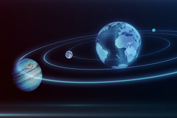 Wall Mural - holograms of the planet earth, moon, jupiter moving along an ellipse in space 3d illustration