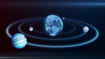 Wall Mural - holograms of the planet earth, moon, jupiter moving along an ellipse in space 3d illustration