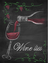 wine list with wine glass and wine bottle on chalkboard background.