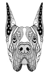 Wall Mural - Great Dane dog zentangle stylized head, freehand pencil, hand drawn, pattern. Anti stress coloring book for adults and kids.