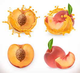 Wall Mural - Peach juice. Fresh fruit, 3d vector icon