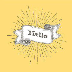 Wall Mural - Hello. Hello icon in vintage hand drawn ribbon. Graphic art design on yellow background.