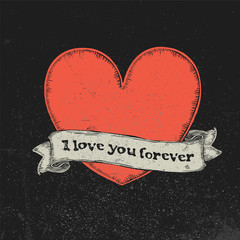 Wall Mural - I love you forever text on vintage ribbon over red heart. Tattoo vector illustration