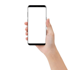 Aufkleber - close-up hand touching phone mobile isolated on white, mock-up smartphone blank screen easy adjustment with clipping path