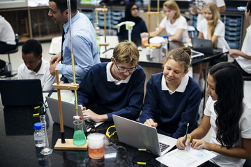 Wall Mural - group of students laboratory lab in science classroom