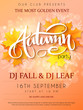 Vector autumn party poster with lettering, yellow autumn maple leaves, doodle branches and flares