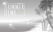 Summer Sea Palm Beach Gray White Monochrome Web Banner. Sand Seashore Blue Water Wave Sunshite Hot Day Surf Boards Boat. Neutral Background Vector Illustration