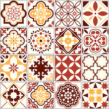 Portuguese Vector Tiles, Lisbon Art Pattern, Mediterranean Seamless Ornament In Brown And Yellow