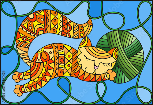 ilustracja-w-witrazu-stylu-z-czerwonym-smiesznym-kotem-obejmuje-pilke-zielen