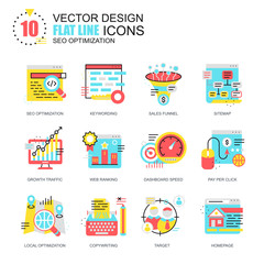 Aufkleber - Flat line seo optimization icons concepts set for website and mobile site and apps. Search optimization, growth traffic and copywriting. New style flat simple pictogram pack. Vector illustration.