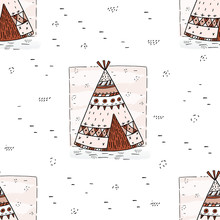 Hand Drawn Cute Seamless Pattern With Tee Pee Wigwam, North American Indian Teepee.