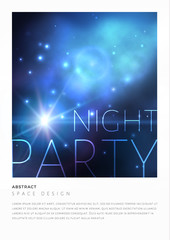 Wall Mural - vector space party flyer design with bright blue nebula and white stars.