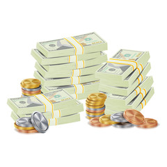 Sticker - Hundreds Dollars Vector Packing In Bundles Of Bank Notes, Bills, Gold Coins. Cartoon Money Stacks Illustration. White Background