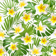 Seamless exotic pattern with tropical leaves and flowers on a beige background background. Vector illustration.
