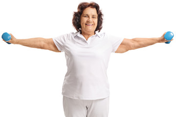 Poster - Elderly woman exercising with small dumbbells