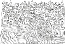 Wooden Boat Floating On The Waves. Seaside, Homes, Boat, Sea. Doodle Vector. Black And White Pattern For Adult Coloring Book.