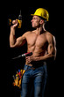 fit shirtless worker with drill and tools