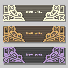 Wall Mural - Vector set of Banner templates: 3 pale color vintage headers with monogram on gray background, three horizontal banners with ornate design for business text, layouts banners purple wedding invitation.