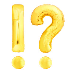 Golden exclamation point with question mark made of inflatable air balloon isolated on white background