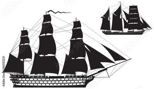 Ship of the line and Barquentine silhouettes, Sailing Ship vector ... Simple Ship Silhouette