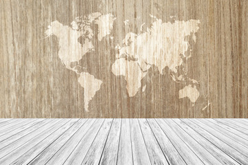 Wood texture background, with white wood terrace and world map