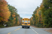 School Bus Drives Down A Country Road In Autumn