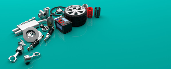 Car parts on green background. 3d illustration