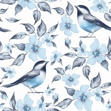 Spring Flowers And Birds. Hand Drawn Watercolor Floral Seamless Pattern 3
