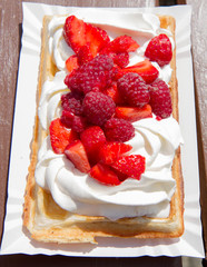 Sticker - Waffle topped with whipped cream and freshly chopped strawberries and raspberries on a paper plate