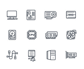 computer components icons on white, processor, motherboard, RAM, video card, HDD, SSD, fan
