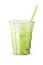 Iced Green Tea Latte With Matcha And Milk In Generic Cup With Straw On A White Background