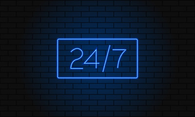 Open 24 7 Hours Neon Light on Brick Wall. Vector Illustration. 24 Hours Night Club Bar Neon Sign.