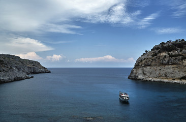 Poster - Ship in the in Anthony Quinn Bay on the island of Rhodes, Greece .