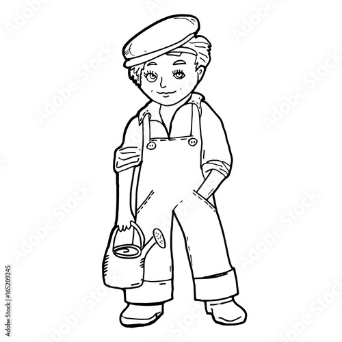 Little Boy With Garden Watering Can Gardener Job