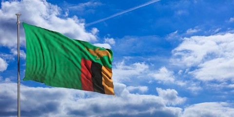 Poster - Zambia waving flag on blue sky. 3d illustration