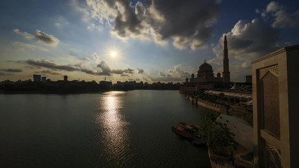 Wall Mural - Scenery of sunset at Putra Mosque, Putrajaya with reflection from the lake