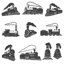 Set Of Vintage Trains Isolated On White Background. Design Element For Label, Brand Mark, Sign, Poster. Vector Illustration