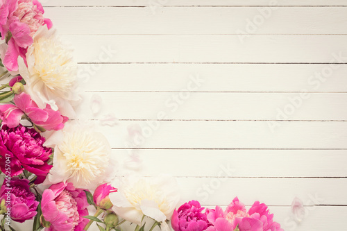 Peonies On White Background Floral Wedding Frame Background With