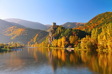 Vah River In Strecno Near Zilina In Beautiful Autumn Morning , Slovakia.