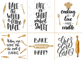 Set of vector bakery lettering posters, greeting cards, decoration, prints. Hand drawn typography design elements. Handwritten lettering. Modern ink brush calligraphy.