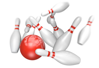 Wall Mural - Bowling strike concept of a red ball knocking down ten pins, 3D rendering