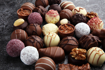 a lot of variety chocolate pralines, belgian confectionery gourmet chocolate