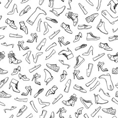 Cartoon hand drawn SHOES seamless pattern. Lots of symbols, objects and elements. Hand-drawn monochrome black and white background, EPS 10. Different kind of shoes. Isolated on white background.